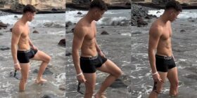 Model ken (kenpop79) shows off his bulge in the river