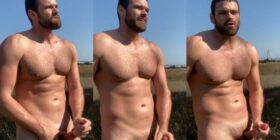 Chasingfit jerks off in a field